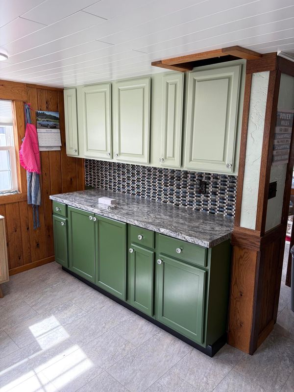 Two-tone green kitchen cabinet refinishing
