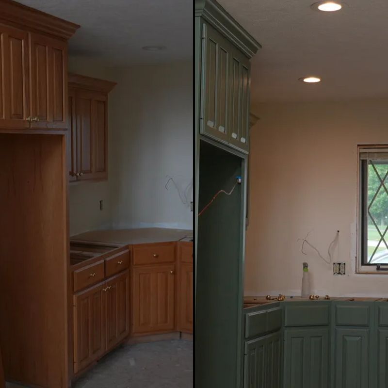 Built-in cabinetry before and after a green finish