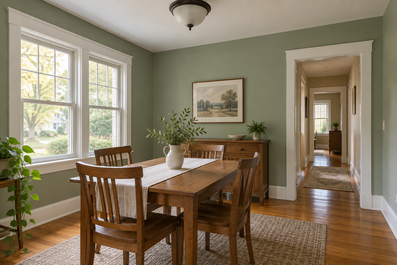 Sage dining room with white trim and oak floors