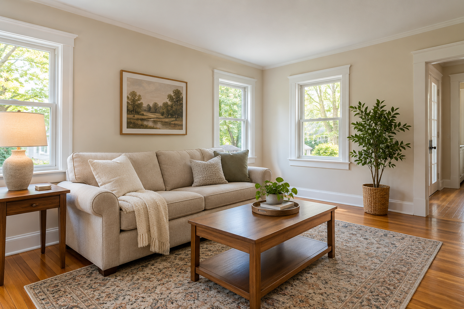 Neutral living room with white painted trim